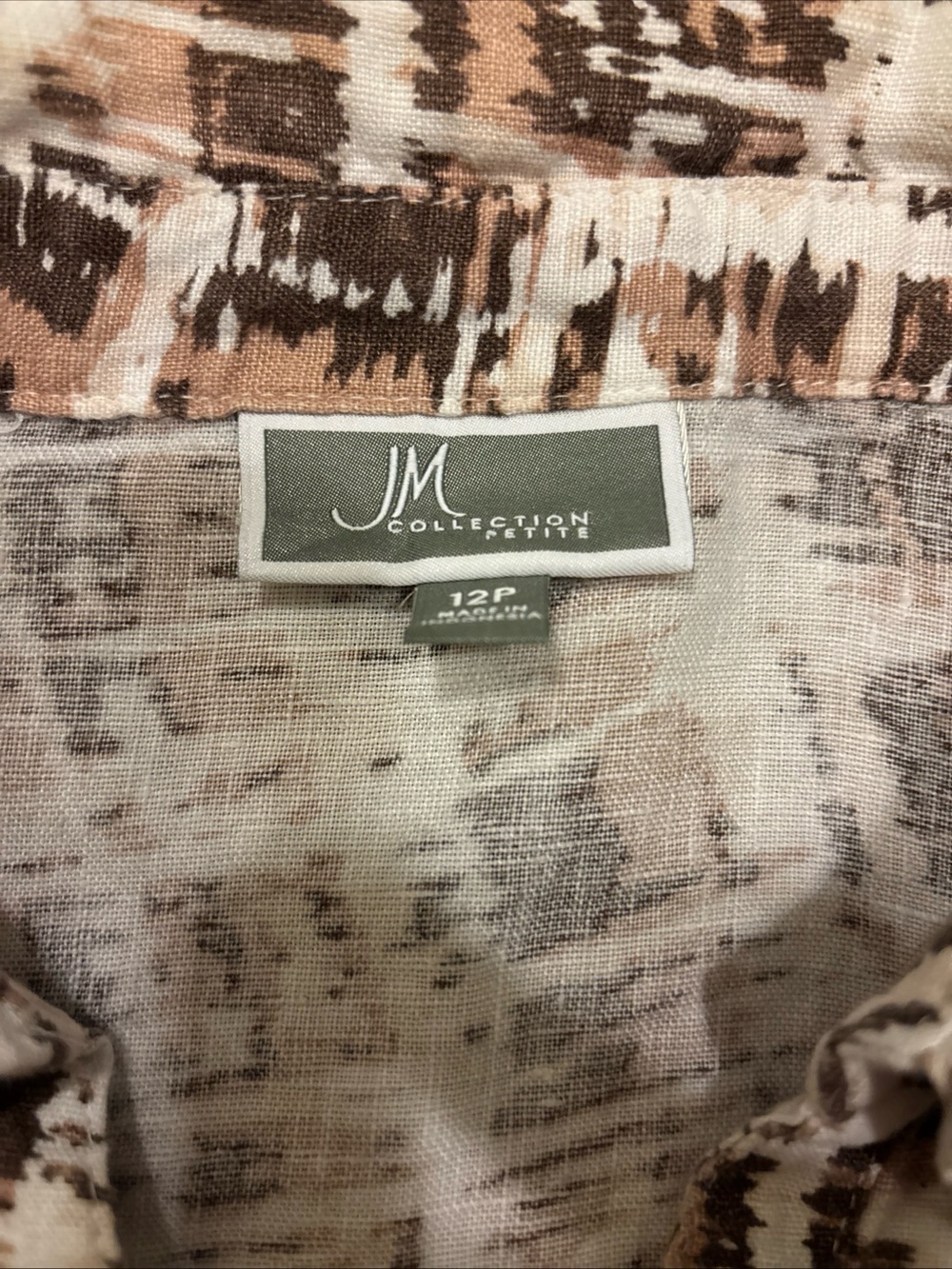Women’s JM Collection Petite Printed Blouse in Beige and Brown Sz 12P